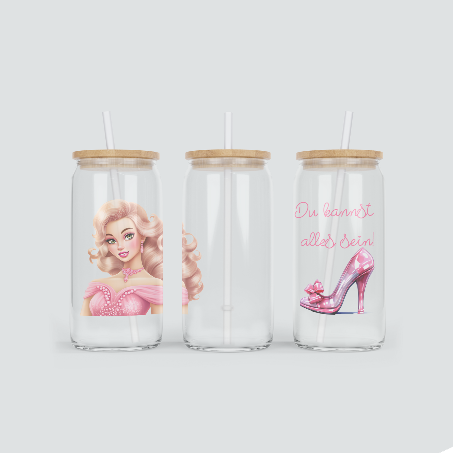 Glas Becher mit Beauty Girl in Pink inkl. Bambus Deckel mit Strohhalm