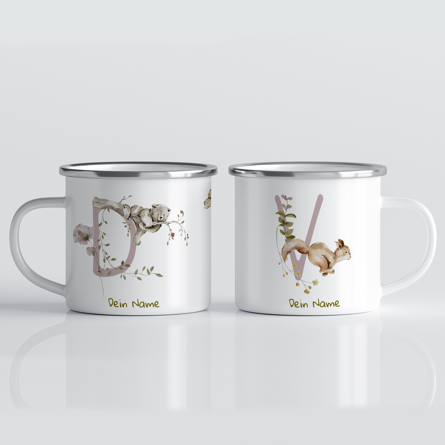 Emaille Tasse mit süßem Waldtieren und Monogramm