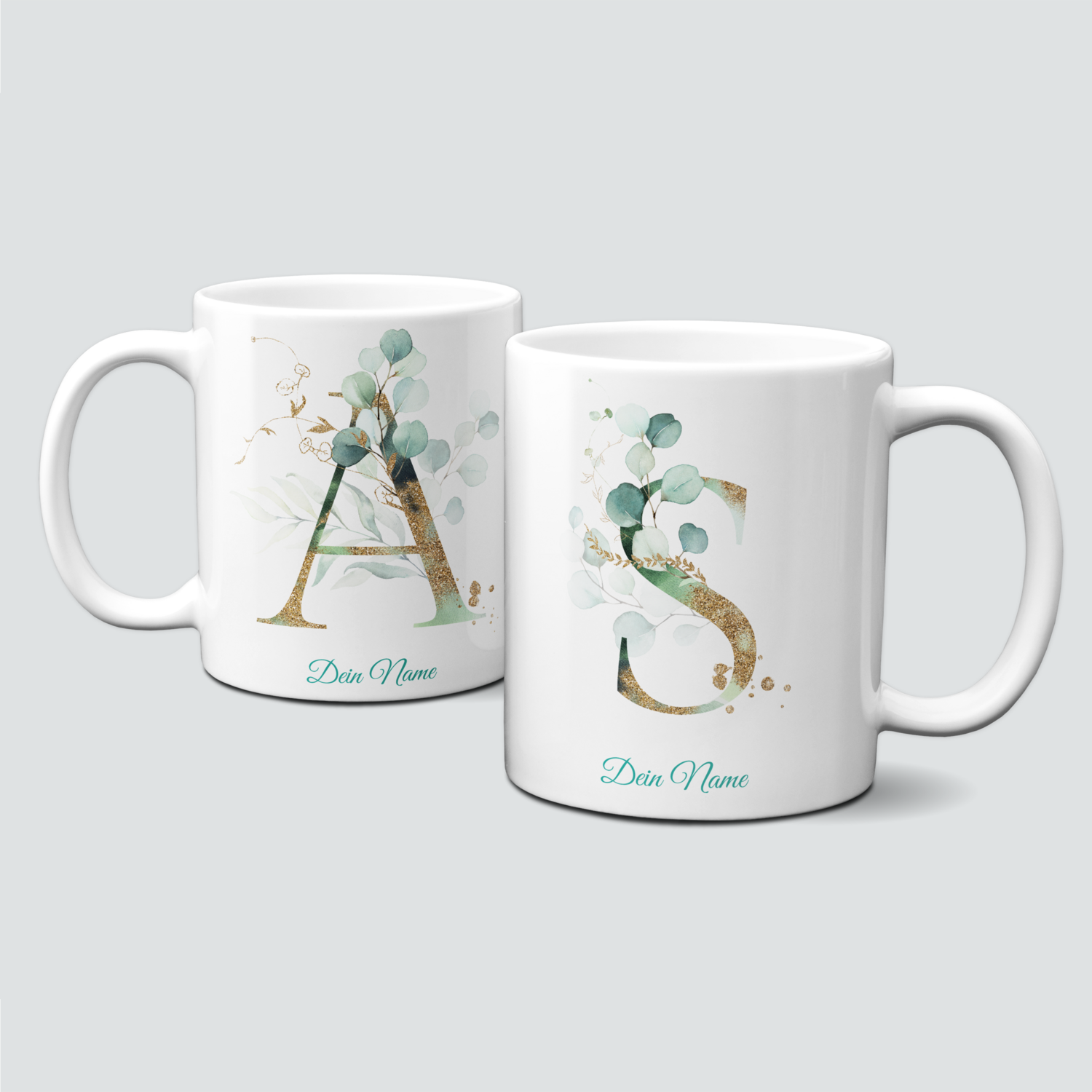 individuelle Tasse mit Eukalyptus und goldenem Monogramm