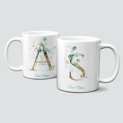individuelle Tasse mit Eukalyptus und goldenem Monogramm