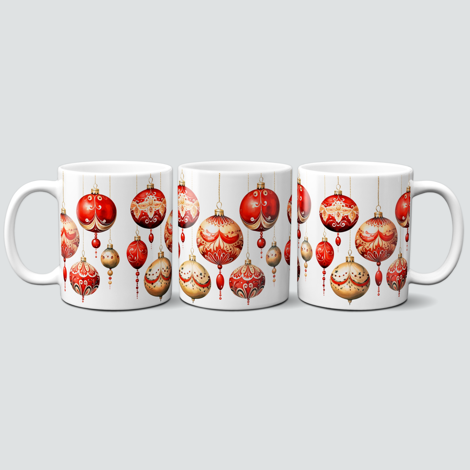 Weihnachtstasse mit roten Christbaumkugeln