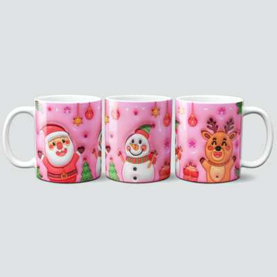 Tasse mit glücklichem Rentier, Weihnachtsmann und Schneemann im 3D Design