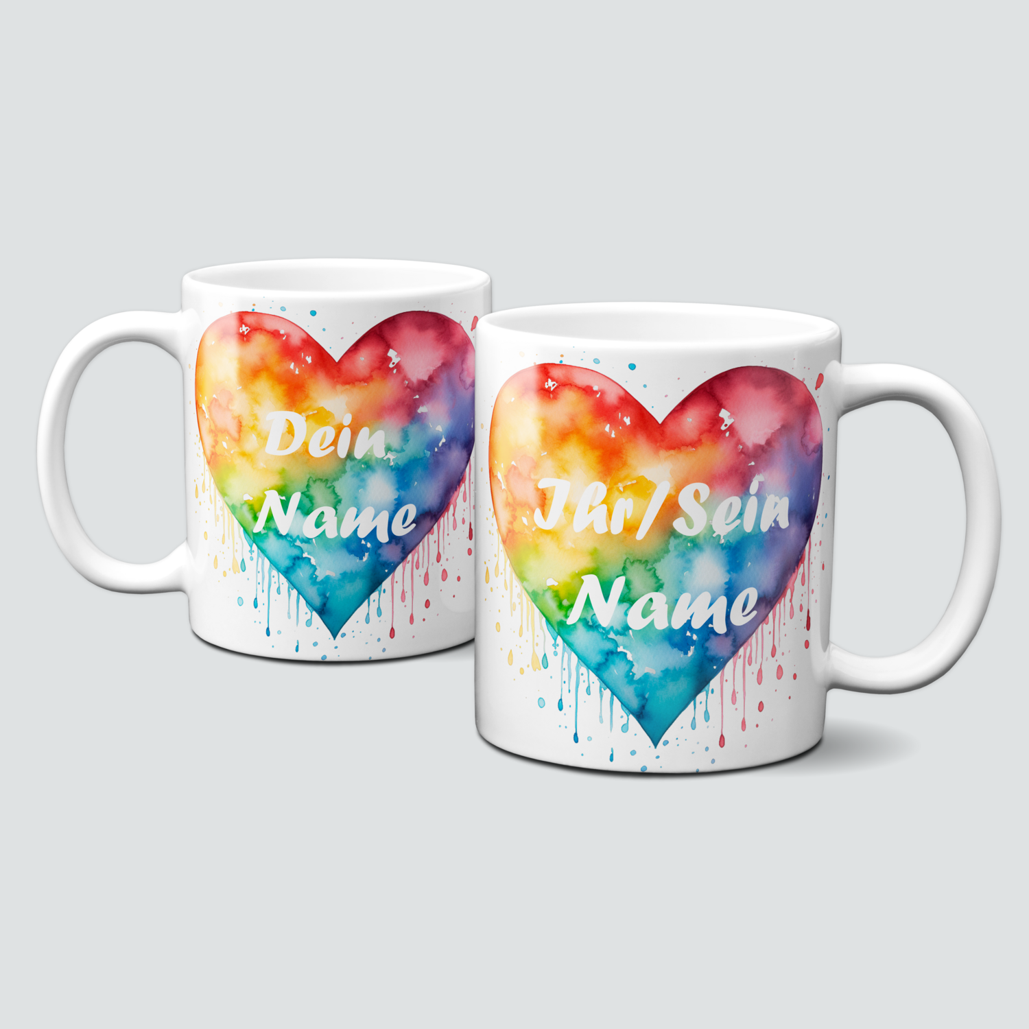 personalisierte Pärchen Tasse mit Regenbogenherzen