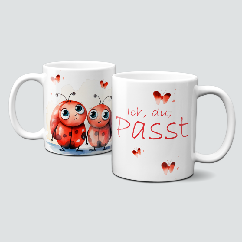 Ich, du Passt - Tasse mit süßen verliebten Käfern
