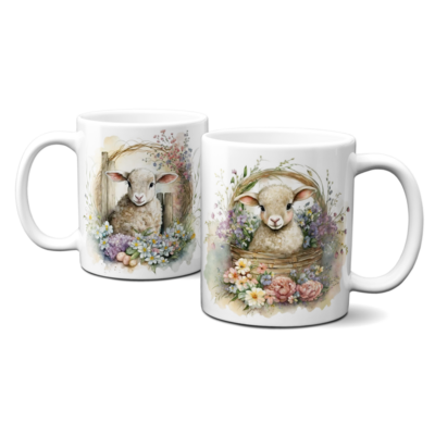 Ostertasse - Tasse mit Lämmchen umrandet von Blumen