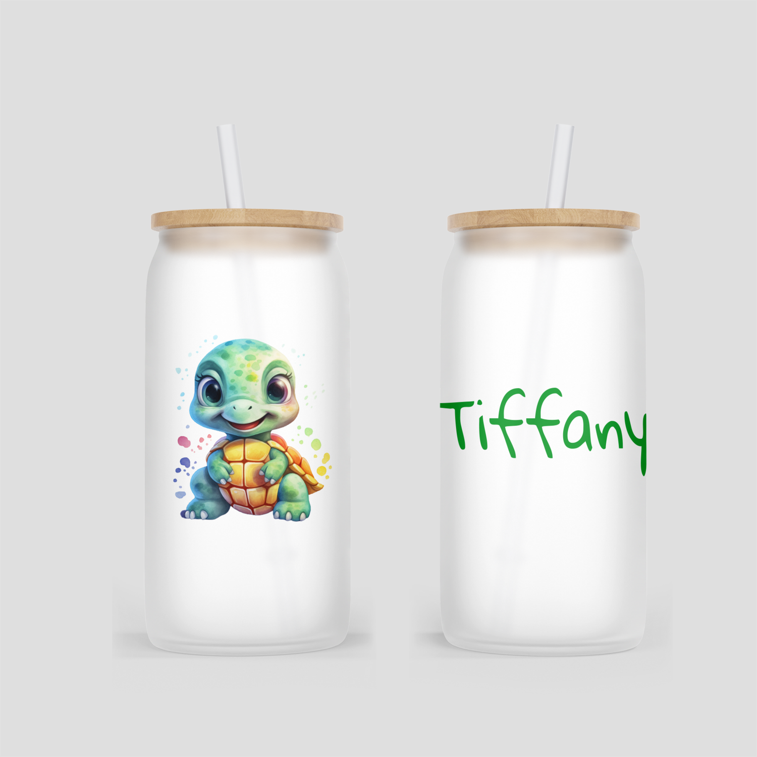personalisierter Glas Becher mit putziger Schildkröte / Turtle