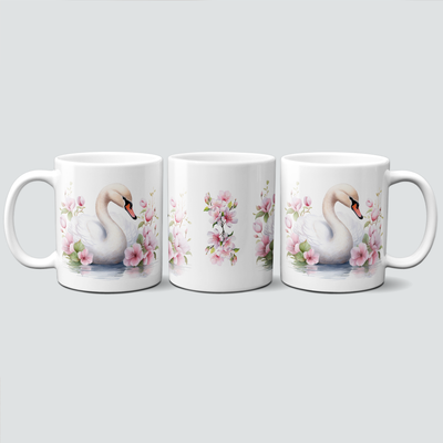 Tasse mit Schwan und rosa Blüten