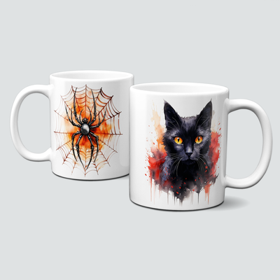 Tasse mit Halloween Motiv - Katzen und Spinnen
