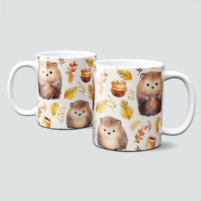 Tasse mit süßen Igelmotiven im Herbst - Igel, Blätter, Nüsse, Kürbis