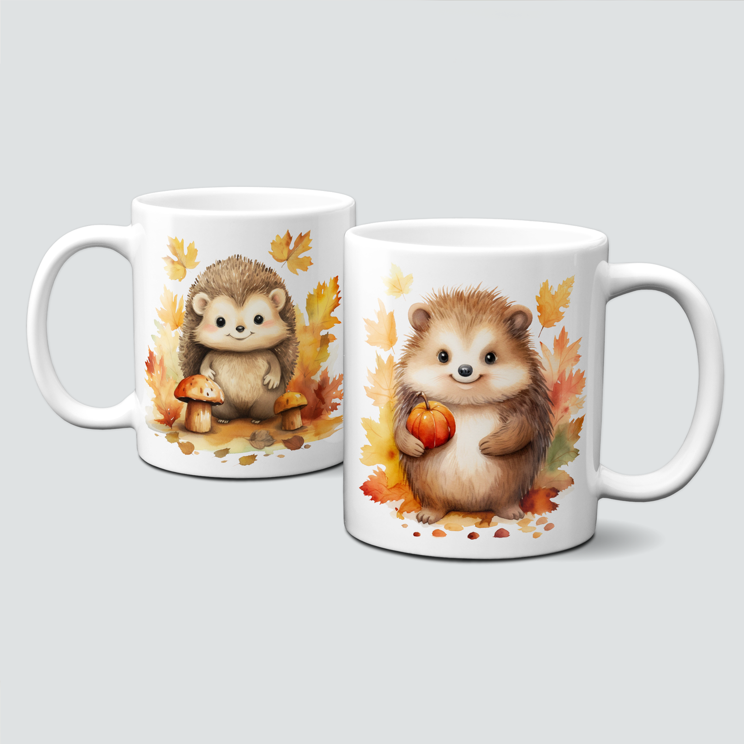 Tasse mit süßen Igelmotiven im Herbst - Igel mit Pilzen und Kürbis