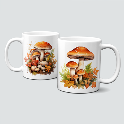 Tasse mit süßen Herbstmotiven - Pilzfamilie inmitten von vielen Blumen