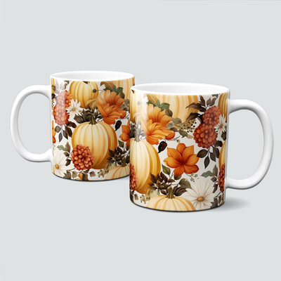 Tasse mit tollen Herbstmotiven - Kürbisse mit Blumen