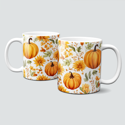 Tasse mit tollen Herbstmotiven - Kürbisse mit Blumen und Blättern
