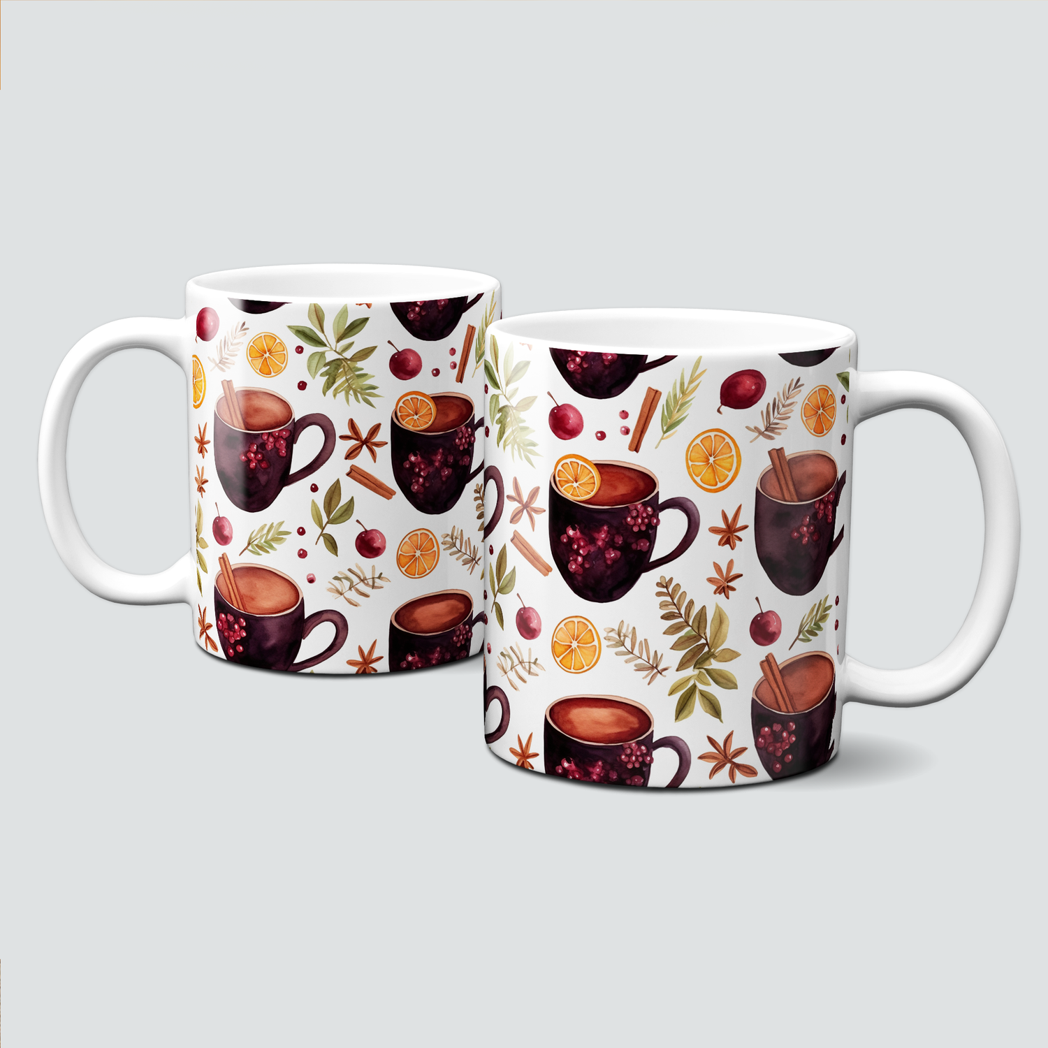 Tasse mit schönen Herbstmotiven - Glühwein, rote Beeren, Orangen, Zimt, Anis Sterne