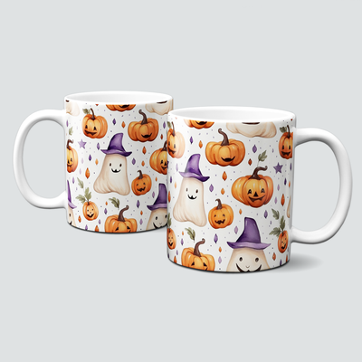 Tasse mit Halloween Motiv - kleine Gespenster und Kürbisse