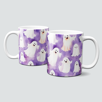 Tasse mit Halloween Motiv - weiße Gespenster auf lila Tasse