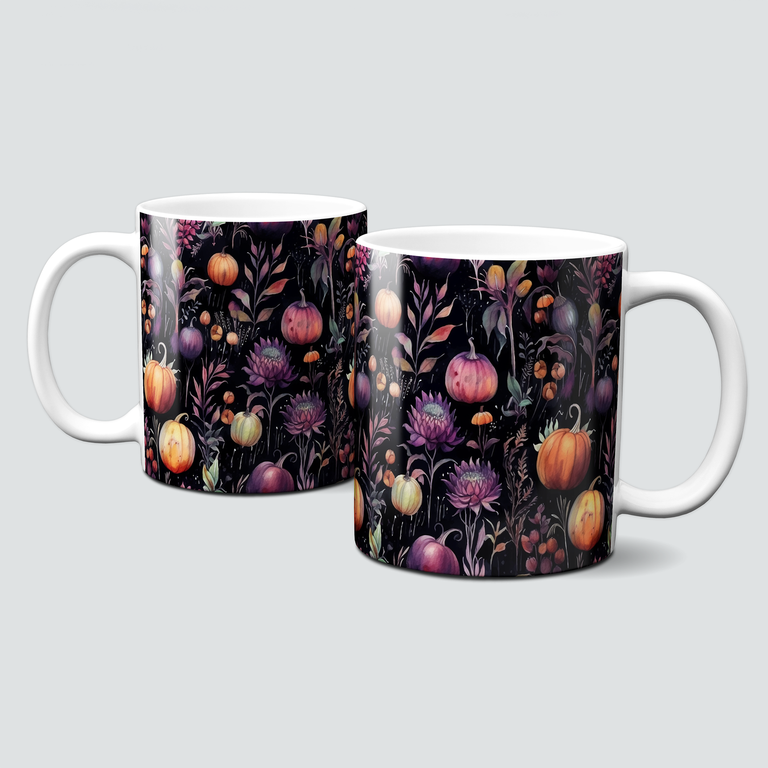 Tasse für den Herbst - schwarze Hintergrund mit Kürbissen und Blumen