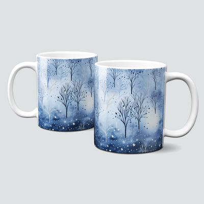 Tasse für den Herbst - in Blau mit schwarz und weiß, Bäume ohne Blätter, Sterne