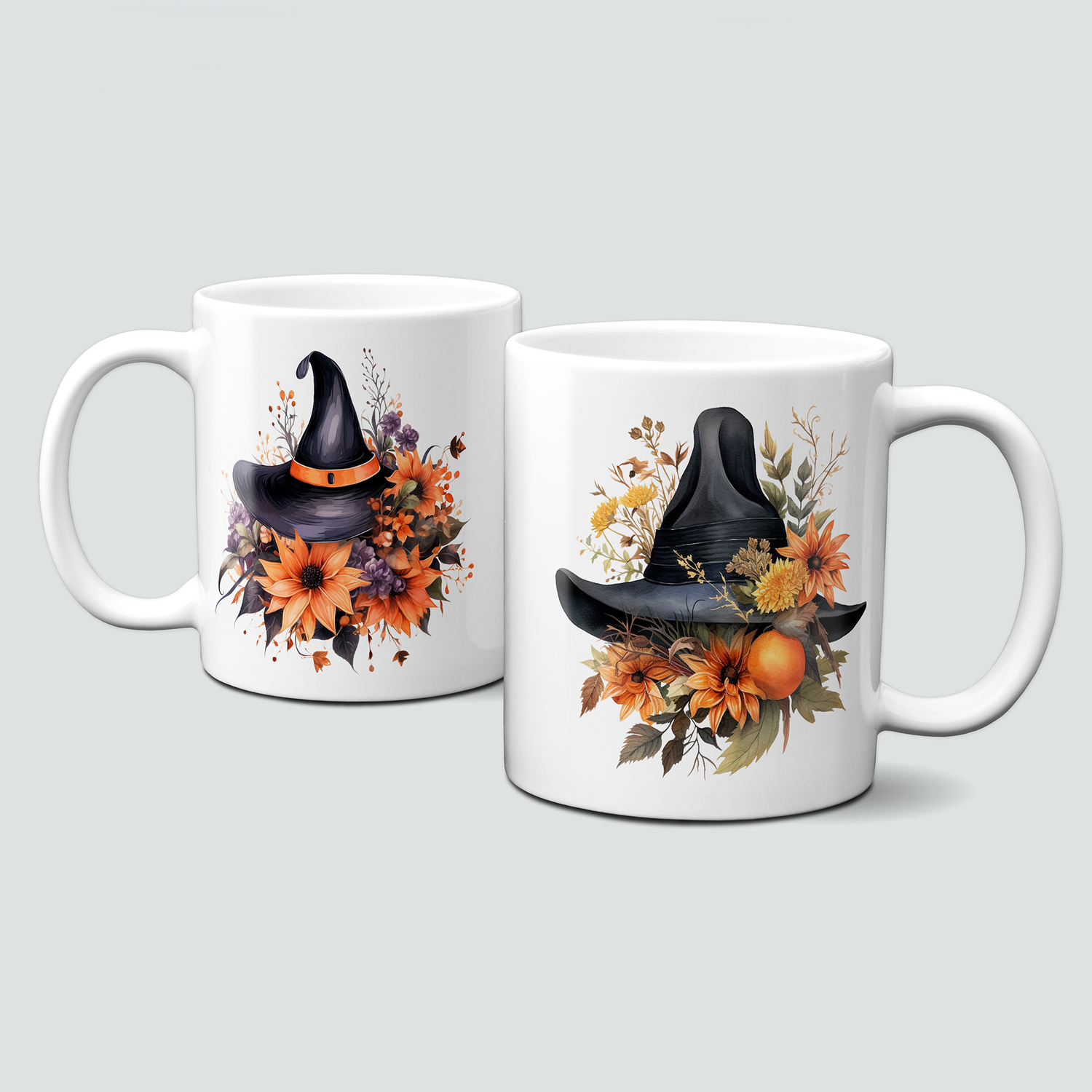 Tasse für Halloween - Hexenhut umgeben von Herbstblumen