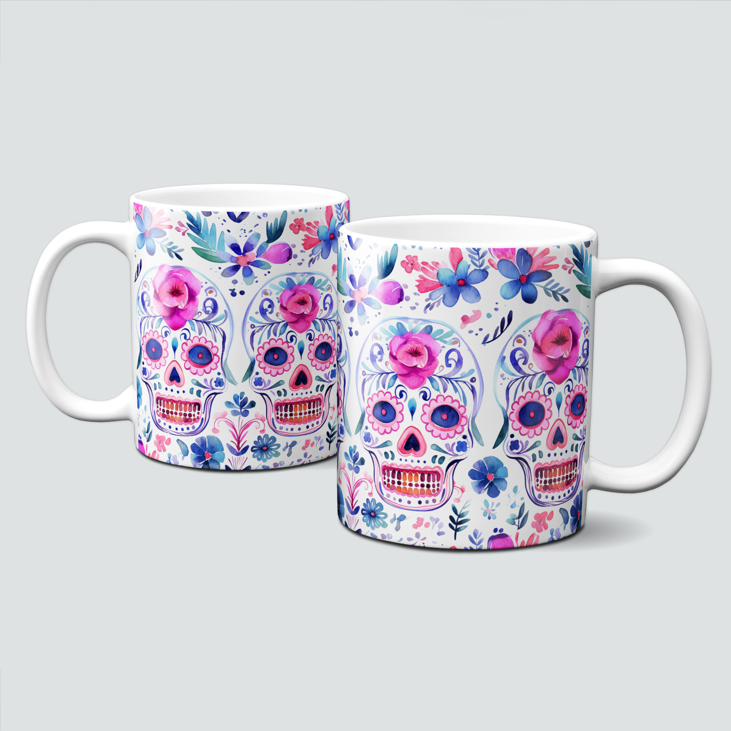 Tasse für Halloween - Totenkopf, Totenschädel mit Blumen in Pink-Blau