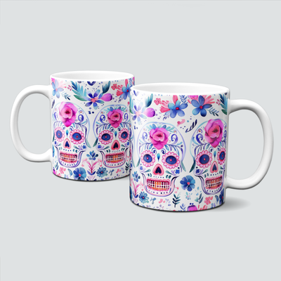 Tasse für Halloween - Totenkopf, Totenschädel mit Blumen in Pink-Blau