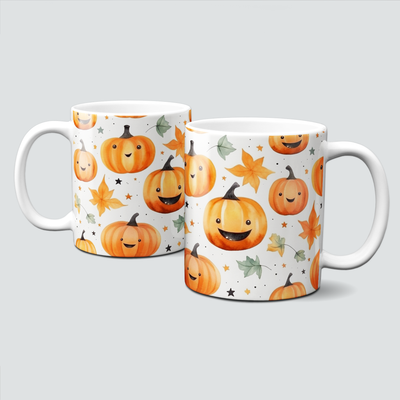 Tasse für Halloween - süße Kürbisse, Kürbisgesichter, leuchtendes Orange