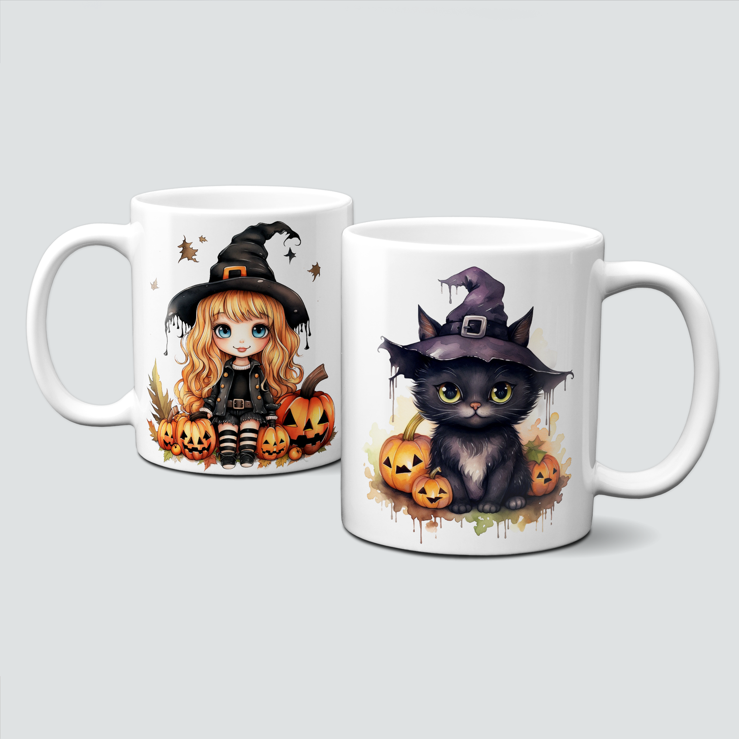 Tasse für Halloween - kleinere Zauberin mit Hut, Katze mit Zauberhut, Kürbisse