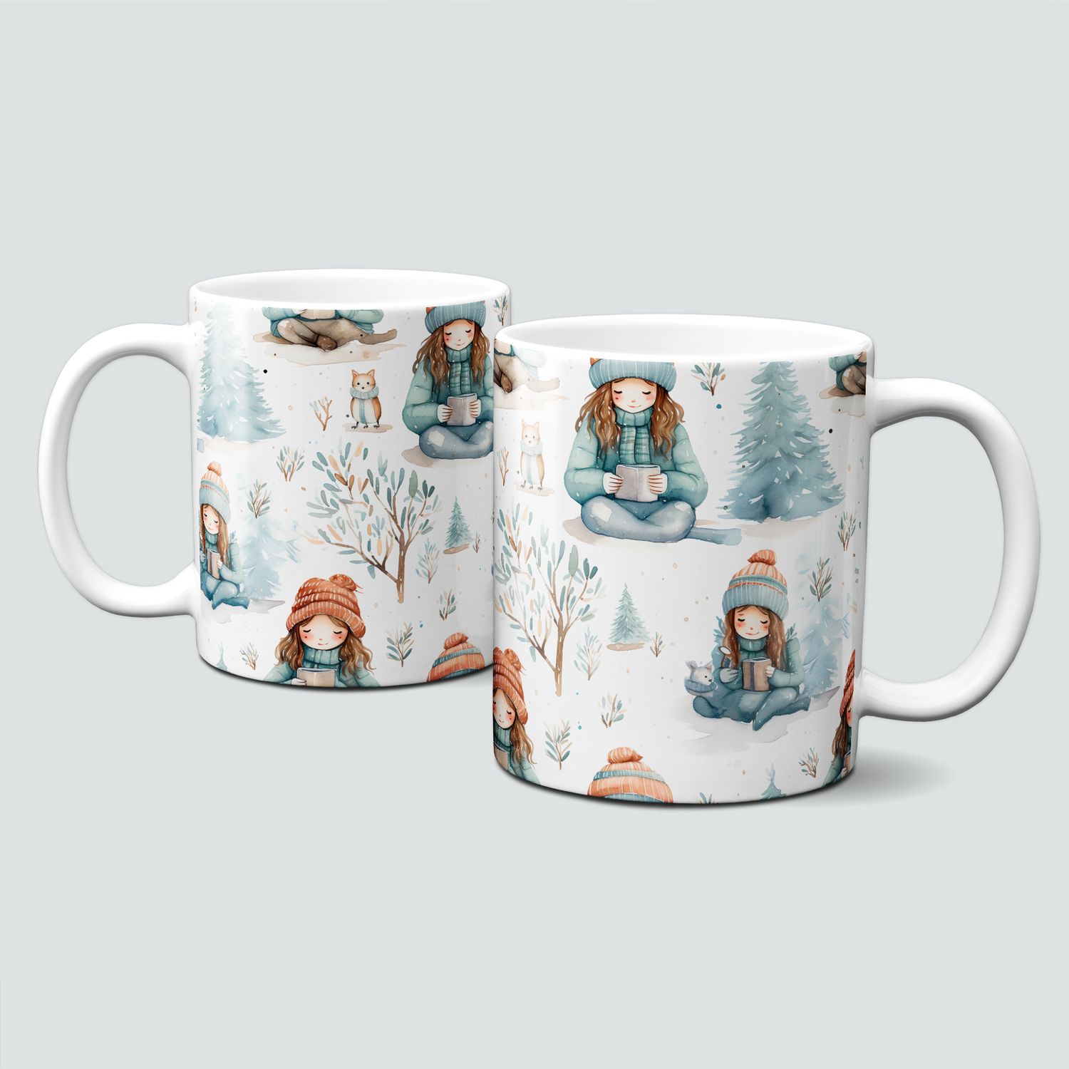 Tasse mit Wintermotiv Bücher lesen-Winter-Mädchen-Mädchen im Schnee