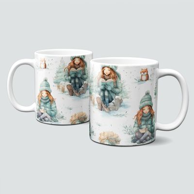 Tasse mit Wintermotiv, Weihnachten-Winter-Bücher-lesen-Mädchen-Mütze