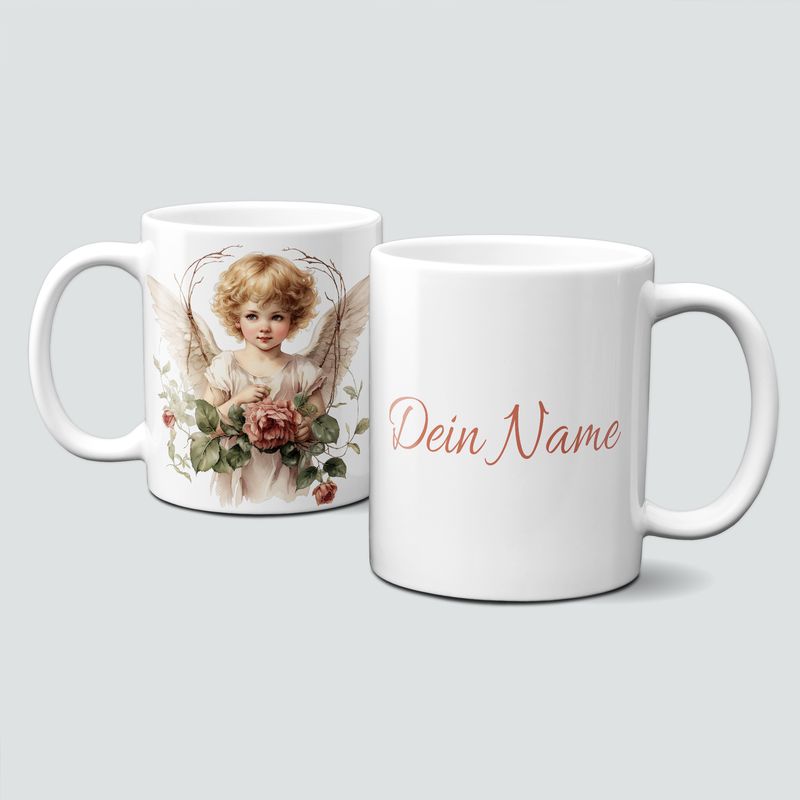 personalisierte Tasse mit VintageCupid-Engel-Pfeil&amp;Bogen-Blumen