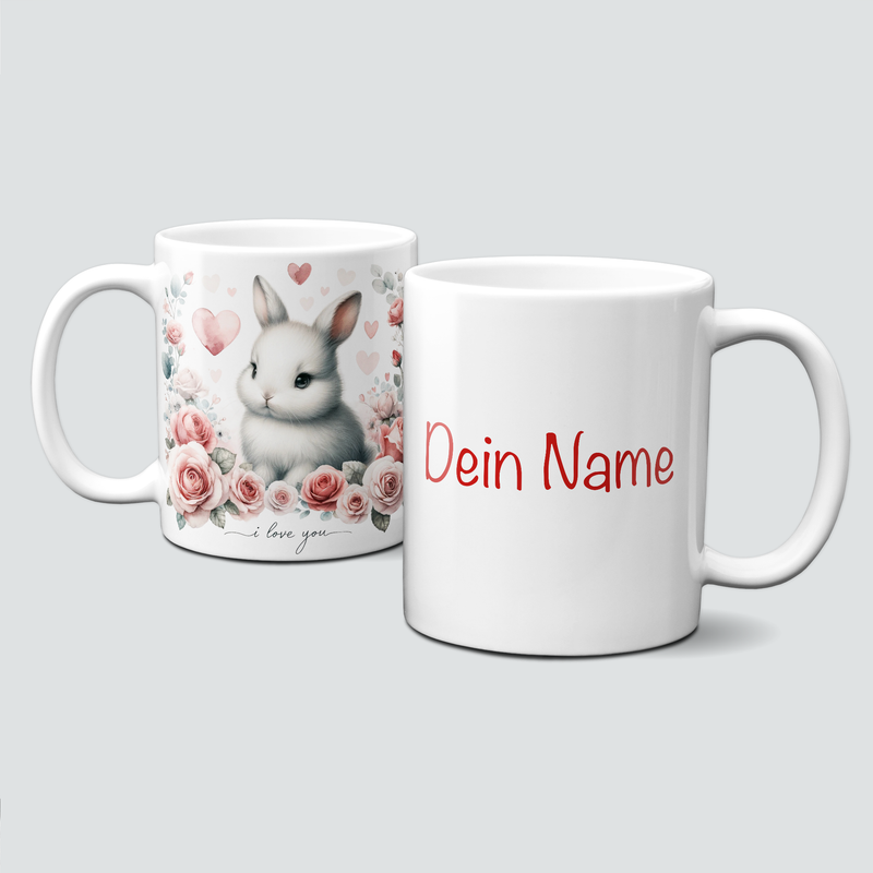 personalisierte Tasse mit ValentinAnimals-Hase&amp;Blumen