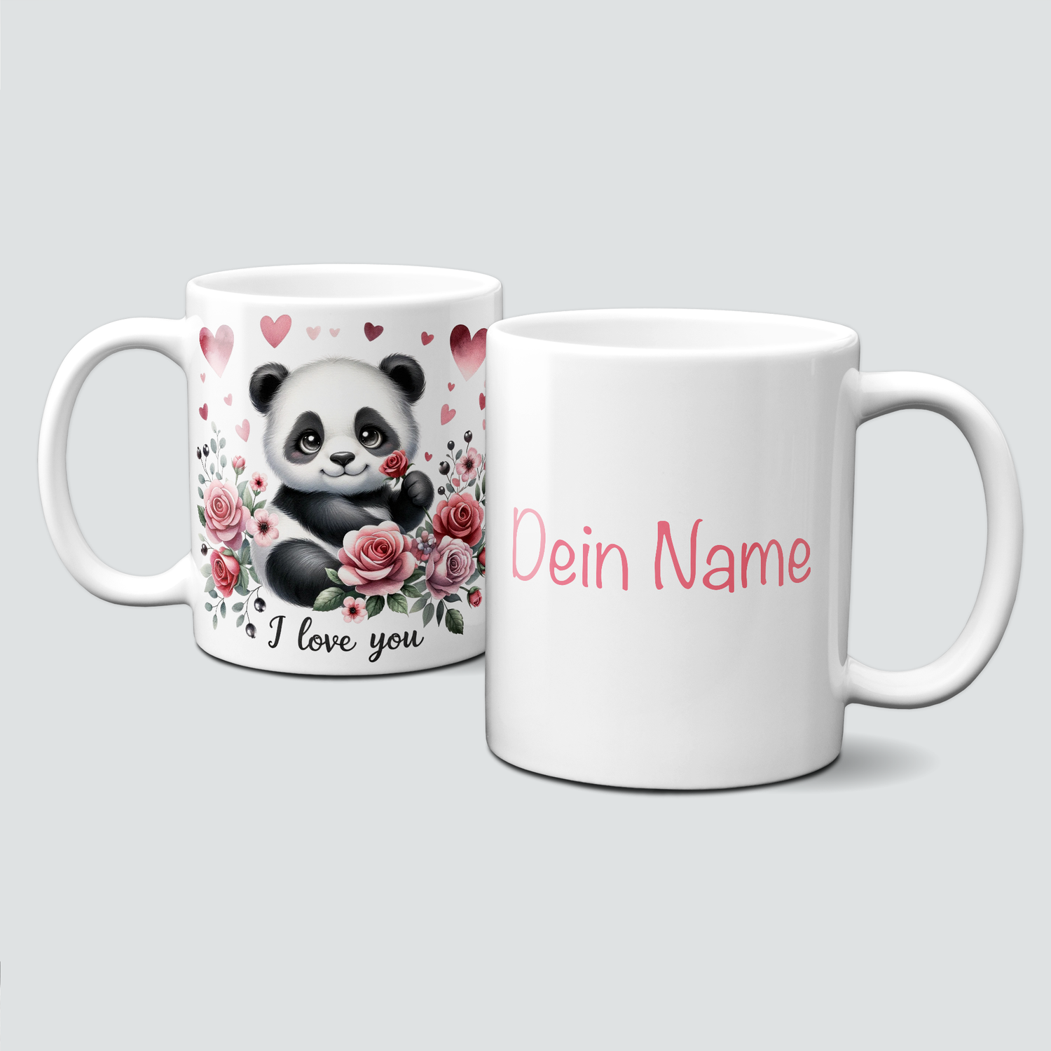 personalisierte Tasse mit ValentinAnimals-Panda&amp;Blumen