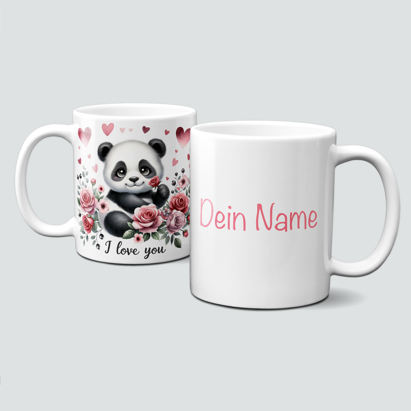 personalisierte Tasse mit ValentinAnimals-Panda&amp;Blumen