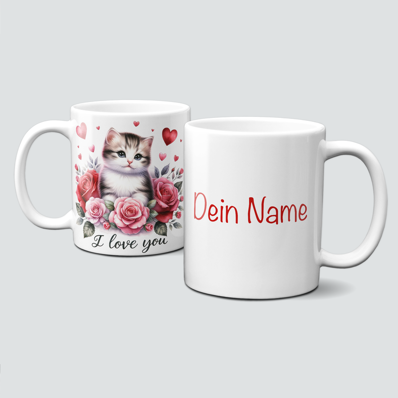 personalisierte Tasse mit Liebe-ValentinAnimals-Katze&amp;Blumen