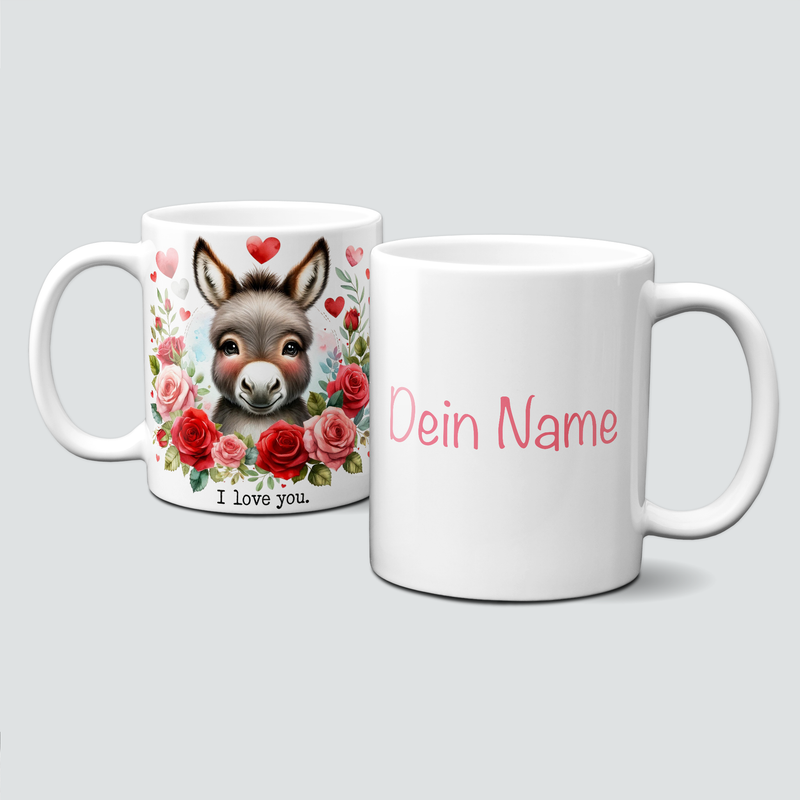 personalisierte Tasse mit ValentinAnimals-Esel&amp;Rosen-Blumen in Rot+Rosa