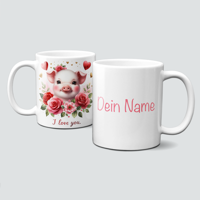 personalisierte Tasse mit ValentinAnimals-Schwein&amp;Rosen-Blumen in Rot+Rosa
