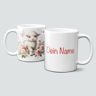 personalisierte Tasse mit ValentinAnimals-Lämmchen&amp;Rosen in Weiss und Rosa