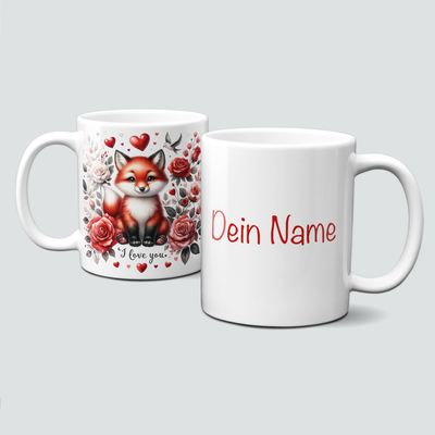 personalisierte Tasse mit ValentinAnimals - Fuchs mit Rosen und Herzen in Rot