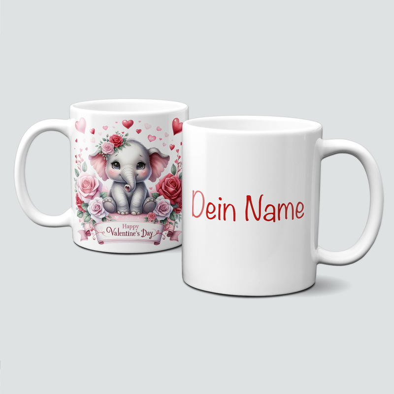 personalisierte Tasse mit ValentinAnimals - Elefanten mit Rosen und Herzen in Rot und Rosa