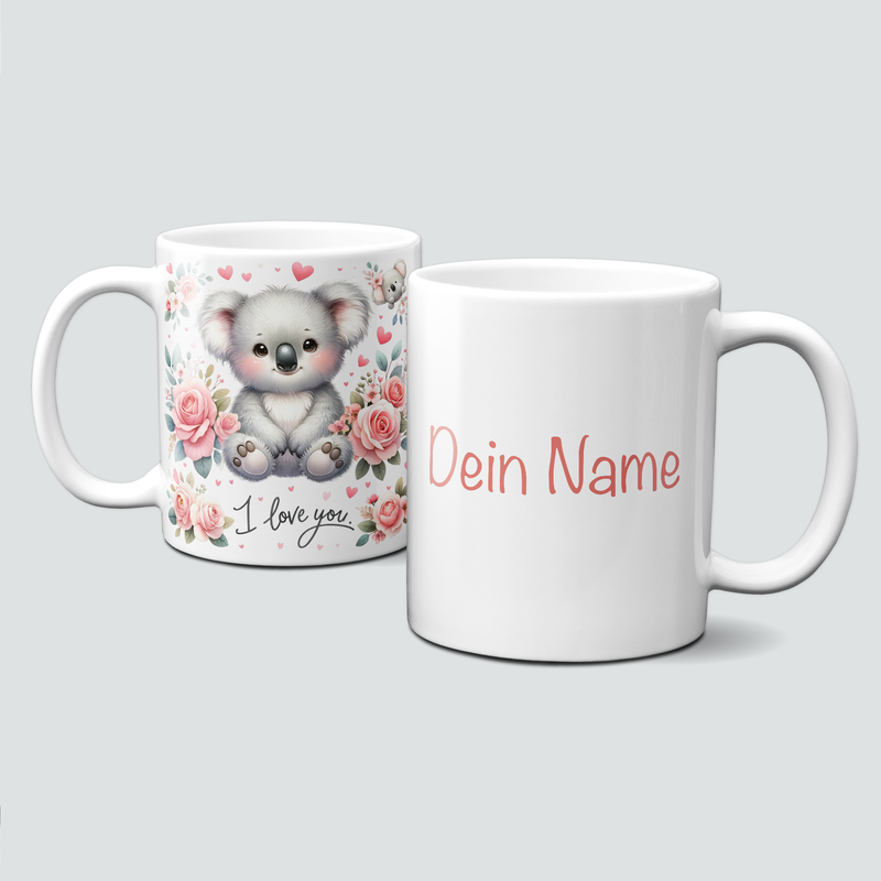 personalisierte Tasse mit ValentinAnimals - Koala mit Rosen und Herzen in Rot und Rosa