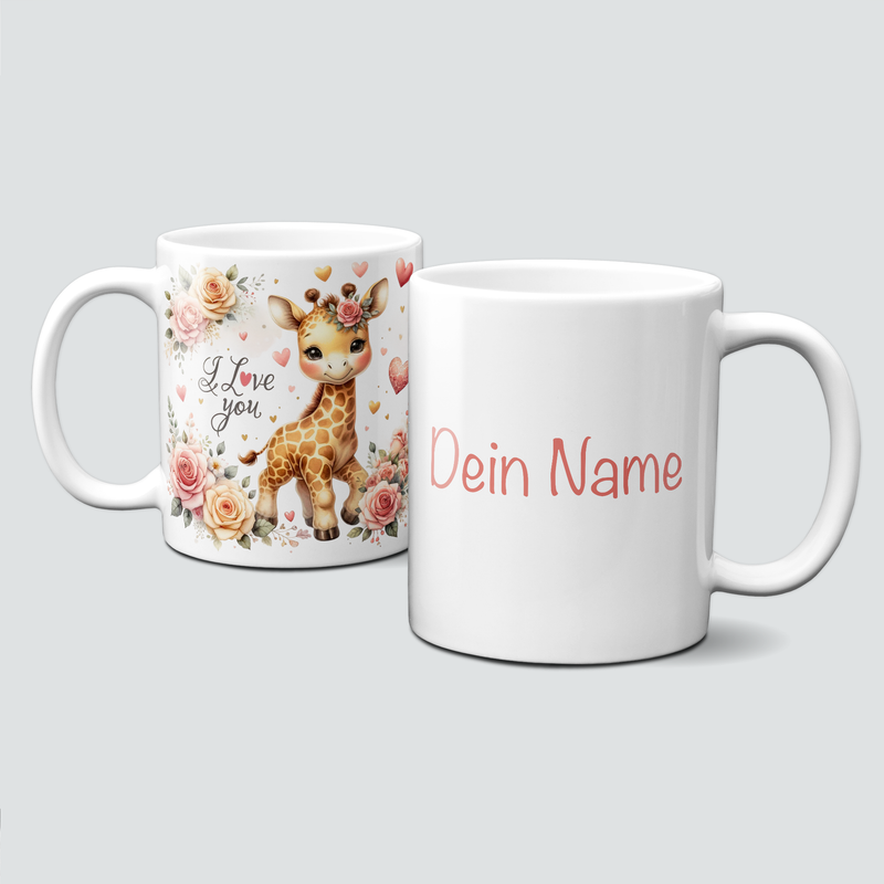 personalisierte Tasse mit ValentinAnimals - Giraffe mit Rosen und Herzen + I love you -
