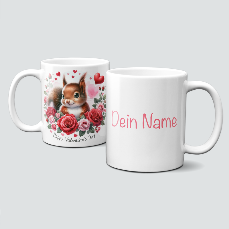 personalisierte Tasse mit ValentinAnimals - Eichhörnchen mit Rosen und Herzen in Rot und Rosa