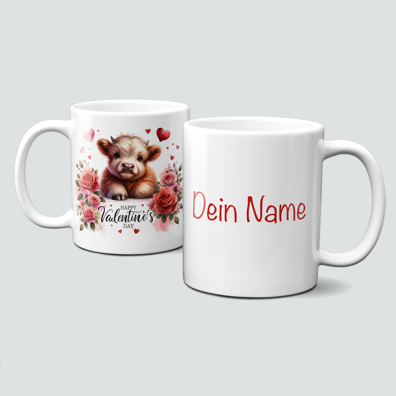 personalisierte Tasse mit Liebe-ValentinAnimals - Kälbchen und Blumen