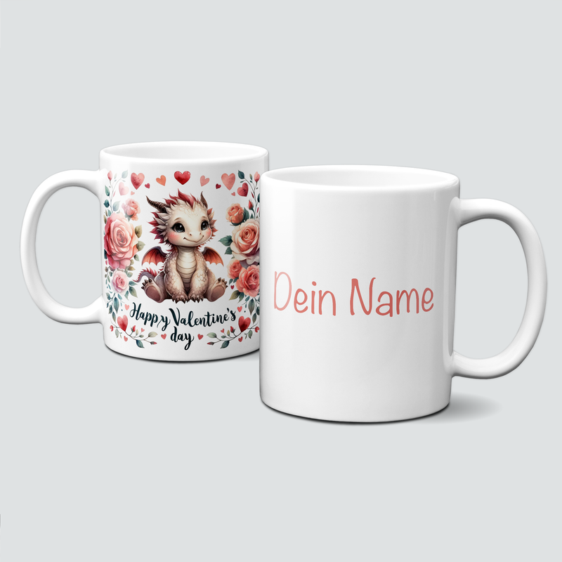 personalisierte Tasse mit Liebe - ValentinAnimals - Drache mit Blumen und Herzchen