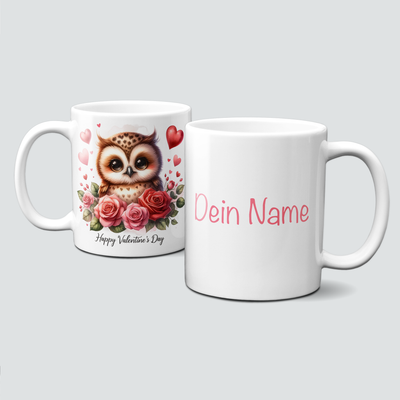 personalisierte Tasse mit Liebe - ValentinAnimals - Eule mit Blumen und Herzchen