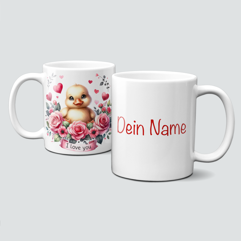 personalisierte Tasse mit Liebe - ValentinAnimals - Küken mit Blumen und Herzchen - I love you -
