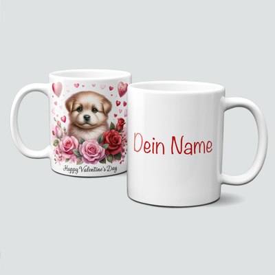 personalisierte Tasse mit Liebe-ValentinAnimals-Welpe&amp;Blumen