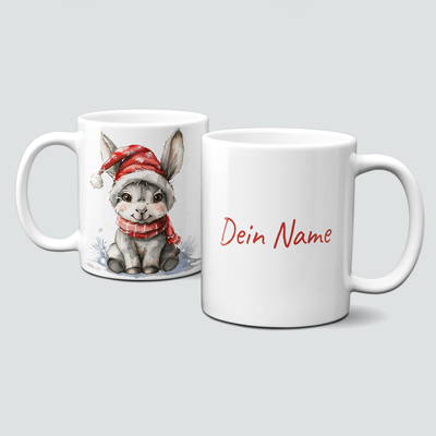 oh-cuptastic Tasse,  Weihnachten-Esel mit Weihnachtsmütze &amp; Schal-Donkey-Tiermotiv-Personalisierbar