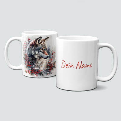 oh-cuptastic Tasse, Weihnachten-Wolf mit zweigen und Beeren - Tiermotiv-Personalisierbar oh-cuptastic Tasse, Weihnachten-Wolf mit zweigen und Beeren - Tiermotiv-Personalisierbar