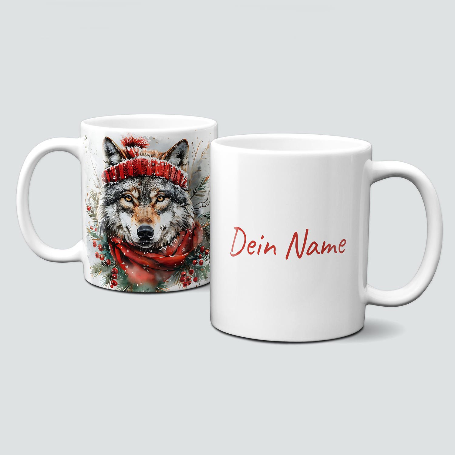 oh-cuptastic Tasse,  Weihnachten-Wolf mit Haube und Schal-Tiermotiv-Personalisierbar